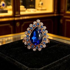 Blue Zinc Alloy Glass Finger Rings, Teardrop, with Rhinestone, Golden, Blue, 53mm, Inner Diameter: 18mm