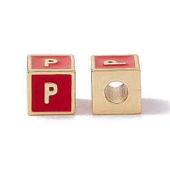 Letter P Стойки покрытие латунь эмаль бисер, без кадмия, без никеля и без свинца, реальный 18 k позолоченный, куб с письмом, красные, letter.p, 6x6x6 мм, отверстие : 2.5 мм