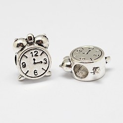 Antique Silver Clock Alloy European Beads, Large Hole Beads, Antique Silver, 13x10.5x6.5mm, Hole: 4.5mm