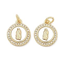 Настоящее золото 16K Латунные микро проложить кубического циркония подвески, плоский круглый с подвесками Девы Марии, с раковиной и прыгать кольцо, реальный 16 k позолоченный, 14.5x12.5x3 мм, отверстие : 3.5 мм