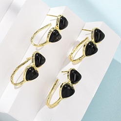 Обсидиан Серьги-гвоздики в форме сердца из натурального обсидиана ко Дню святого Валентина, с латунными застежками для сережек с гальваническим покрытием, золотые, 26x10 мм