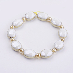 White Opaque Glass Beads Strands, with Brass Findings, Pearl Luster Plated, Faceted, Oval, Golden, White, 12x16x7.5mm, Hole: 1mm, about 10pcs/strand, 8.2 inch (21cm)