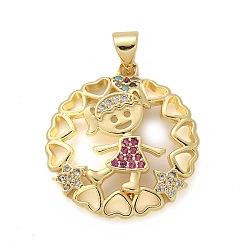 Настоящее золото 18K Латунные микро проложить кубического циркония подвески, плоские круглые с девушкой, стойки покрытие, долговечный, без свинца и без кадмия, реальный 18 k позолоченный, 24x22x3.5 мм, отверстие : 4.5x3.5 мм