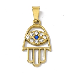 Doré  Placage sous vide pvd 304 pendentifs en acier inoxydable, avec strass, hamsa main avec oeil de cheval, or, 25x14x2mm, Trou: 6.5x3mm