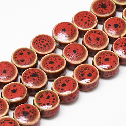 Mixed Color Handmade Porcelain Beads, Fancy Antique Glazed Porcelain, Flat Round, Mixed Color, 12~13x7.5~8mm, Hole: 3mm