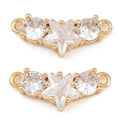 Real 18K Gold Plated Brass Pave Clear Cubic Zirconia Connector Charmss, Star & Flat Round Links, Faceted, Real 18K Gold Plated, 7x17x5mm, Hole: 1.2mm