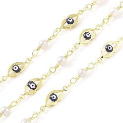 Marine Blue Enamel Lip Link Chains, with Glass Seed Beaded and Rack Plating Real 18K Gold Plated Brass Chain, Soldered, with Spools, Long-Lasting Plated, Cadmium Free & Lead Free, Marine Blue, 16x5.6x3mm