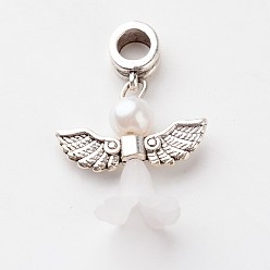 Белый Сплав европейские подвески с подвесками, со стеклянной жемчужные бусины и акриловые бусины, прекрасное свадебное платье ангел болтаться, белые, 32x21x10 мм, отверстие : 4.5 мм