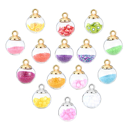 Mixed Color Glass Ball Pendants, with Micro Beads, Polyfoam, Polymer Clay and CCB Plastic Findings, Round, Mixed Color, 21x15.5~16mm, Hole: 2mm, 15 colors, 6pcs/color, 90pcs/box
