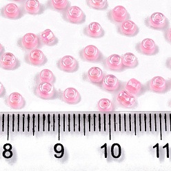 Pink 6/0 Glass Seed Beads, Inside Colours, Round Hole, Round, Transparent Colours Rainbow, Pink, 6/0, 4~5x2.5~4.5mm, Hole: 1.2mm, about 4500pcs/bag