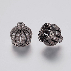 Черный Цвет Металла Латунные микро проложить кубического циркония бусы, кисточка крышка под залог, корона, полый, прозрачные, металлический черный , 11x11 мм, отверстие : 1 мм