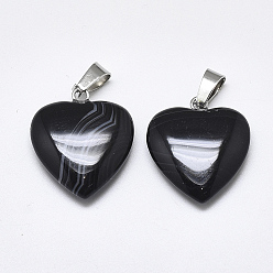 Black Natural Banded Agate/Striped Agate Pendants, Dyed, with Stainless Steel Snap On Bails, Heart, Stainless Steel Color, Black, 22~24x20~21x5~7mm, Hole: 3~4x7~8.5mm