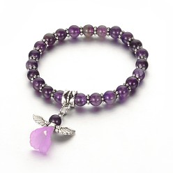 Аметист Модные натуральные аметистовые браслеты из бисера акриловые, с тибетском стиле сплава бисером, прекрасное свадебное платье ангел болтаться, античное серебро, 48 мм