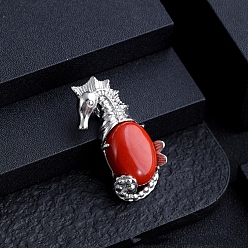 Красный Камень Подвески из натуральной красной яшмы с морскими животными, сплав морской конек драгоценные камни подвески, платина, 37x20 мм