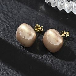 Bronze Boucles d'oreilles puces en laiton et plastique ABS imitation perle pour femmes, carrée, plaqué longue durée, crémaillère plaquage, sans plomb et sans cadmium, or, tan, 14x14mm