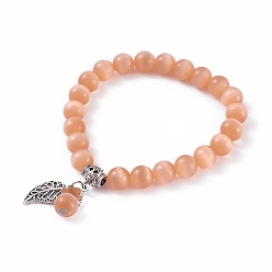 Orange Oeil de chat perle ronde bracelets breloques stretch, avec les accessoires en alliage de zinc, feuille, argent antique, orange, 2 pouce (5 cm)