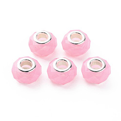 Pink Cmолы европейские шарики, бусины с большим отверстием, с двойных ядер серебрянного цвета, граненые, рондель, розовые, 14x9 мм, отверстие : 5 мм