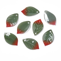 Dark Olive Green Plastic Pendants, Leaf, Dark Olive Green, 23.5x12x2.5mm, Hole: 1.5mm