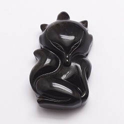 Black Natural Ice Rainbow Obsidian Carven Pendants, Fox, Black, 46x28x15mm, Hole: 2mm