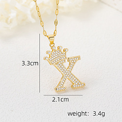 Letter X Хип-хоп латунные микропаве кубические цирконии корона инициал подвеска ожерелья, 304 ожерелья из нержавеющей стали с цепочкой для женщин, золотые, Письмо X, 15.75 дюйм (40 см)
