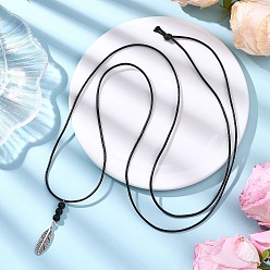 Античное Серебро Подвеска из сплава перьев, длинное ожерелье из черного вощеного полиэфирного шнура, с бусинами из окрашенного синтетического черного камня, античное серебро, 42.52 дюйм (108 см)