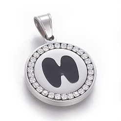 Letter H 304 Stainless Steel Enamel Pendants, with Cubic Zirconia, Flat Round with Letter, Stainless Steel Color, Clear, Letter.H, 29x25x3mm, Hole: 5.5x8.5mm