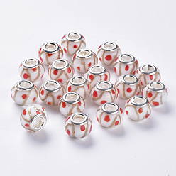 Красный Ручная работа золотой песок Lampwork европейские шарики, бусины с большим отверстием, с платинового цвета латуни двойные сердечники, рондель, красные, 14x11 мм, отверстие : 5 мм