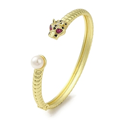 Golden Brass Pave Colorful Cubic Zirconia Leopard Open Cuff Bangle for Women, with ABS Imitation Pearl, Golden, Inner Diameter: 2x2-3/8 inch(5.15x6.05cm)