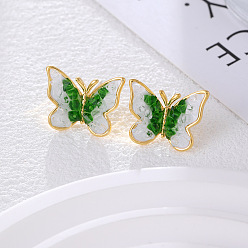 Зеленый лайм Серьги-гвоздики в форме бабочки из латуни, с иглой из смолы и серебра 925 пробы, реальный 18 k позолоченный, зеленый лайм, 14x17 мм