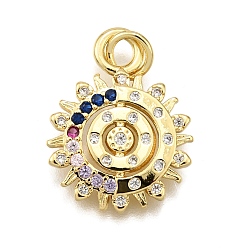 Разноцветный Стойка металлическая латунная микропрофилированная кубическая циркония подвески, солнце, с целью перехода в кольце, без кадмия и без свинца, долговечный, реальный 18 k позолоченный, красочный, 19x15x1.5 мм, отверстие : 3.5 мм