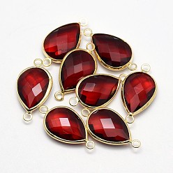 Темно-Красный Золотистые латунные стеклянные каплевидные соединители, темно-красный, 21x11x5 мм, отверстие : 2 мм