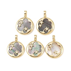 Настоящее золото 18K Подвески из латуни с микропаве из кубического циркония и натуральными черными раковинами., круглый со звездными подвесками, стойки покрытие, долговечный, без кадмия и без свинца, реальный 18 k позолоченный, 37x28x6 мм, отверстие : 3x5 мм