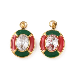 Настоящее золото 18K 304 подвески из нержавеющей стали с прозрачными кубическими цирконами, покрытые эмалью, овальные амулеты, ионное покрытие (ip), с целью перехода в кольце, реальный 18 k позолоченный, 18x12x5 мм, отверстие : 3 мм