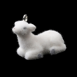 Овца Флокированные подвески из непрозрачной смолы, с платиновыми тоновыми железными петлями, белые, овца, 19.5x12x27 мм, отверстие : 2 мм