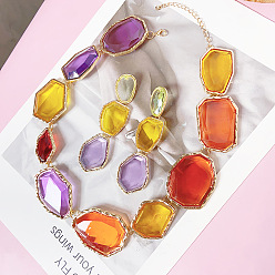 Разноцветный Комплекты из цепочек-цепочек из сплава и прозрачного акрила и сережек-гвоздиков, золотые, золотые, многоугольник, красочный, 490~570 мм и 105x32 мм