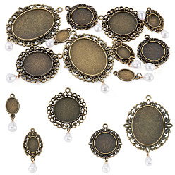 Antique Bronze 10Pcs 5 Style Alloy Pendant Cabochon Settings, with ABS Plastic Imitation Pearl, Oval, Antique Bronze, 38~75mm