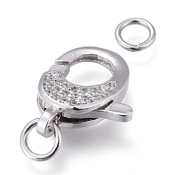 Real Platinum Plated Brass Micro Pave Clear Cubic Zirconia Lobster Claw Clasps, with Jump Rings, Long-Lasting Plated, Real Platinum Plated, 16x12x4mm, Hole: 3mm, Jump Ring: 5x1mm