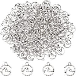 Argent Antique 300 pendentifs en alliage de style tibétain, sans cadmium et sans plomb, plat rond avec la vague, argent antique, 14.5x12x1mm, Trou: 1.6mm