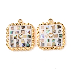 Белый 304 нержавеющей стальной эмали подвески, квадратных амулеты, с раковиной и горный хрусталь, золотые, белые, 18x15.5x3 мм, отверстие : 1.4 мм