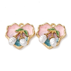 Сердце Подвески из эмалевого сплава легкого золота, черри прелести, с ABS имитации жемчуга, стойки покрытие, сердце, 23.5x24.5x7 мм, отверстие : 2.2 мм