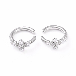 Платина Латунь манжеты серьги, с прозрачным фианитом и акриловым искусственным жемчугом, долговечный, платина, 19x17x2~8.5 мм