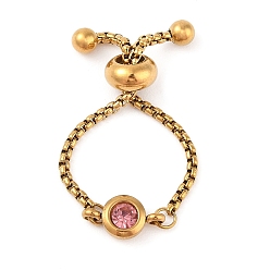 Золотой 304 регулируемое кольцо-слайдер из нержавеющей стали с камнями по месяцу рождения и стразами, цепочка-коробка кольцо для унисекс, золотые, внутренний диаметр: 15~30 мм