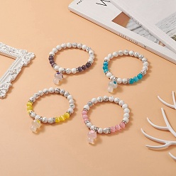 Mixed Color 4Pcs 4 Color Natural Howlite Round Beaded Stretch Bracelets Set, Glow in the Dark Luminous Resin Mushroom Charms Stackable Bracelets for Women, Mixed Color, Inner Diameter: 2-1/8 inch(5.3cm), 1Pc/color