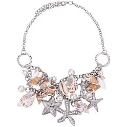 Platinum Bib Statement Necklaces, with Natural Conch Shell, Starfish, Platinum, 16.5 inch(42cm), 1pc/box