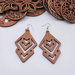 Rhombus Серьги-подвески из сплава дерева, платина, ромб, 60x40 мм
