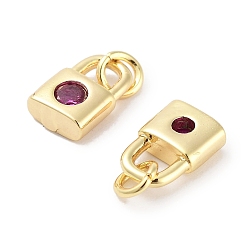 Medium Violet Red Brass Micro Pave Cubic Zirconia Charms, with Jump Ring, Lock, Real 18K Gold Plated, Medium Violet Red, 9x5.5x2.5mm, Hole: 1.6mm