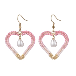 Pink Серьги-подвески в форме сердца 304 из нержавеющей стали с бусинами из стекла, с пластмассовой жемчужиной abs, золотые, розовые, 51.5x35.5 мм