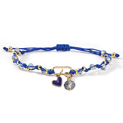 Синий Браслеты с подвесками из латунных и стеклянных бусин, плетеные браслеты из хлопчатобумажной нити для женщин, сердце, синие, 11.02 дюйм (28 см)