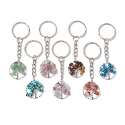 Mixed Stone Natural Gemstone Tree of Life Keychains, with Iron Findings, 8cm, 7pcs/set
