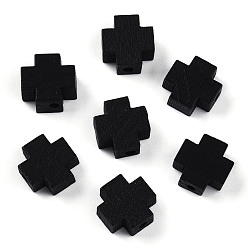 Черный Природных шарики древесины, окрашенные, крестик, чёрные, 10~10.5x10~10.5x4.5~5 мм, отверстие : 1.6~1.8 мм